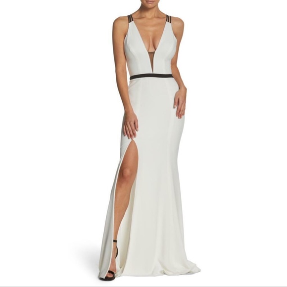 NEW DRESS THE POPULATION Off White & Black LANA Plunge Neck MERMAID Slit GOWN XL - Picture 12 of 16
